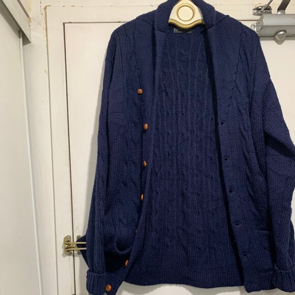 VINTAGE HARRY ROSEN TALL SLIM FIT CABLE KNIT WOOL SHAWL SWEATER CARDIGANS SIZE L - Picture 1 of 14